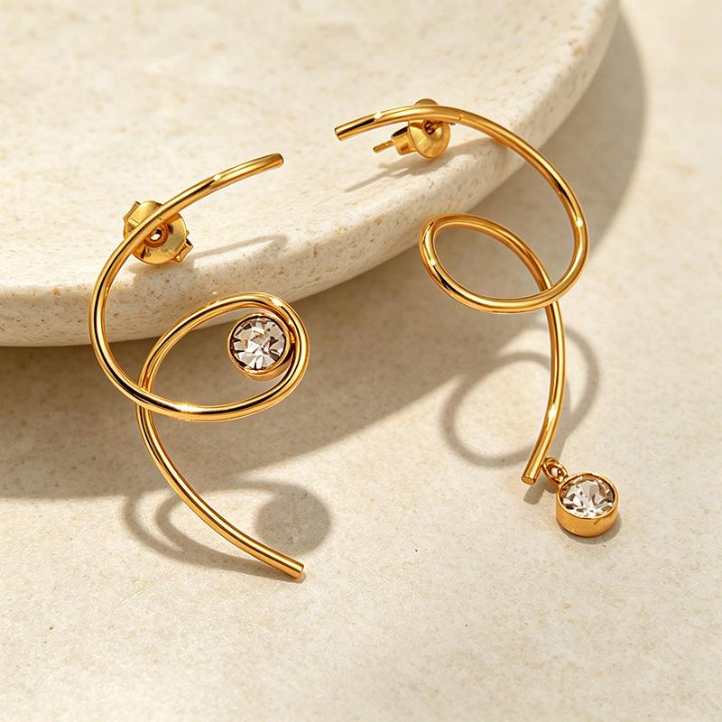 Stainless Steel Asymmetrical Diamond-encrusted Stud Earrings with Geometric Curves