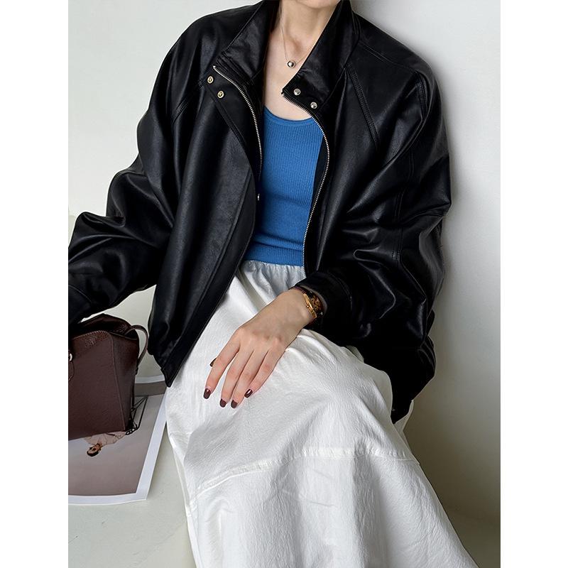 Orange Zhi Early Autumn Stand-Up Collar Leather Motorcycle Jacket 39116