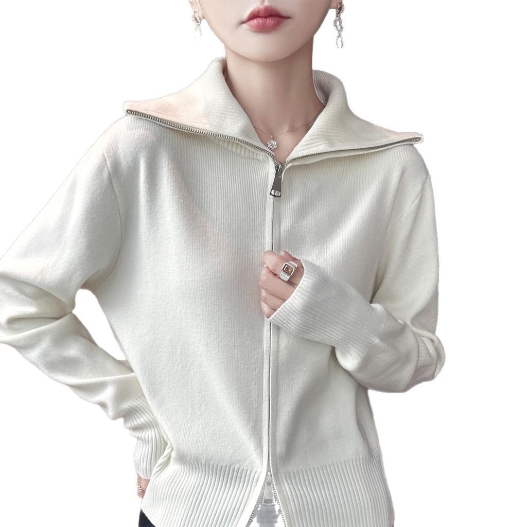 Fashionable and Elegant Double-zipper Large Lapel Sweater Coat New Autumn and Winter Women's Solid-color Knitted Cardigan