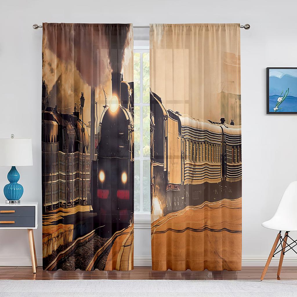 Vintage Industriell Ångmaskin Järnväg Tyllgardiner för Vardagsrum Sovrum Inredning Chiffong Skir Voile Kök Fönstergardin