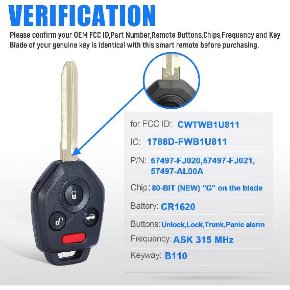 Keyless Entry Remote Head Key Fob Replacement for Subaru Impreza WRX Forester XV Crosstrek Outback Legacy 80 Bit G Chip 4 Buttons (FCCID:CWTWB1U811