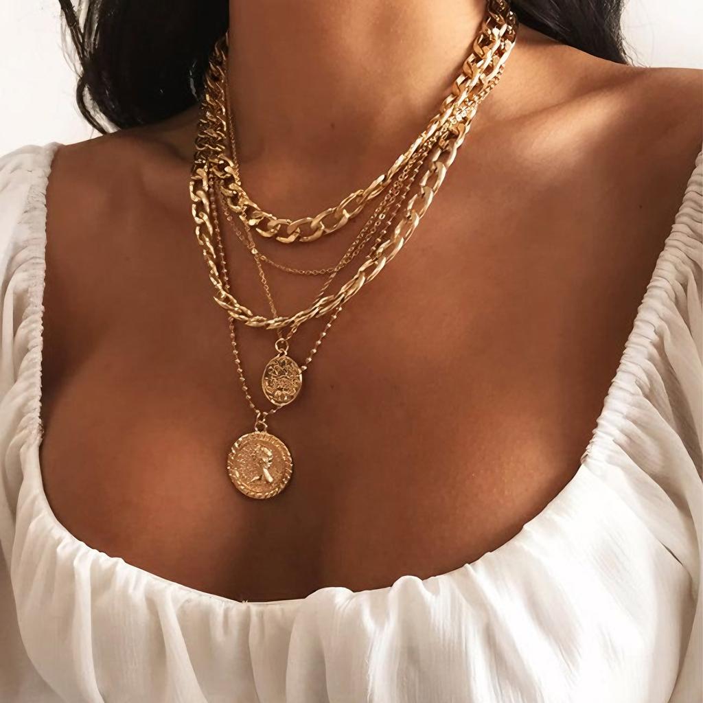 5 Pcs Vintage Punk Coin Pendant Necklace Set for Women Men Fashion Hip Hop Multilayer Thick Chain Necklace Daily Jewelry Gift