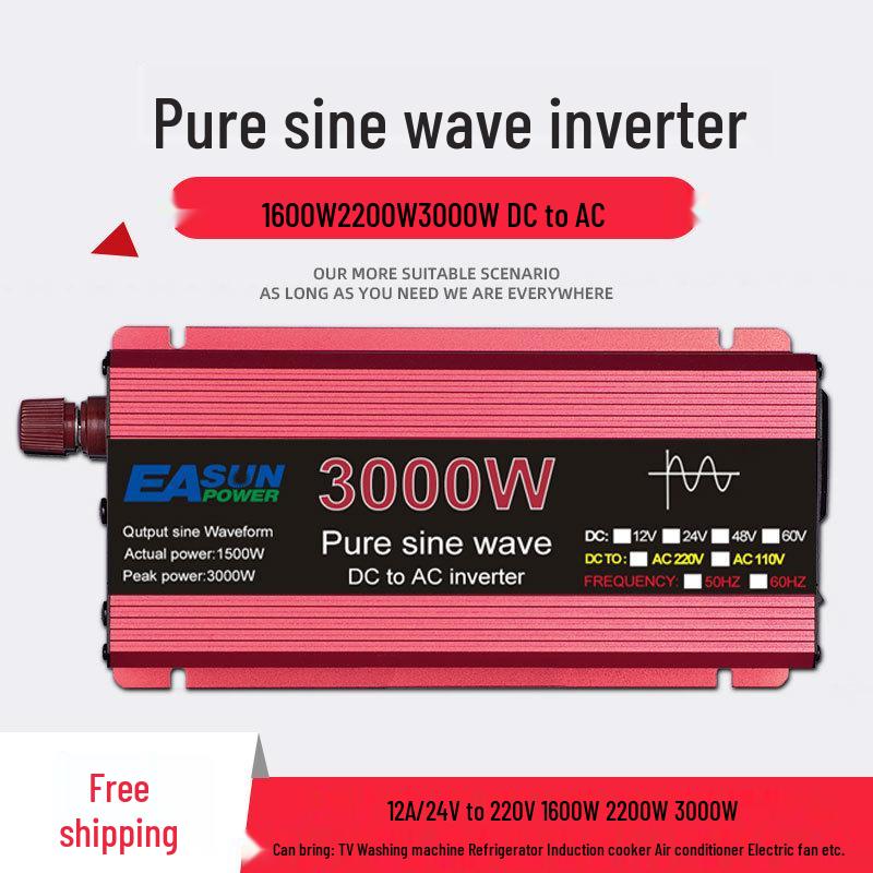 1000W-3000W Pure Sine Wave Inverter, 12V/24V to 110V/220V Home & Vehicle Power Converter 1.6K 24V 220V 50Hz