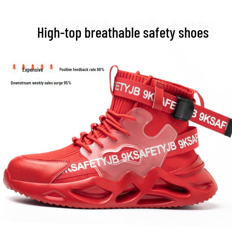 All-Season High-Top Safety Work Shoes: Anti-Smash, Anti-Puncture, Lightweight, Elastic Shock Absorption, Breathable Fly-Knit Design