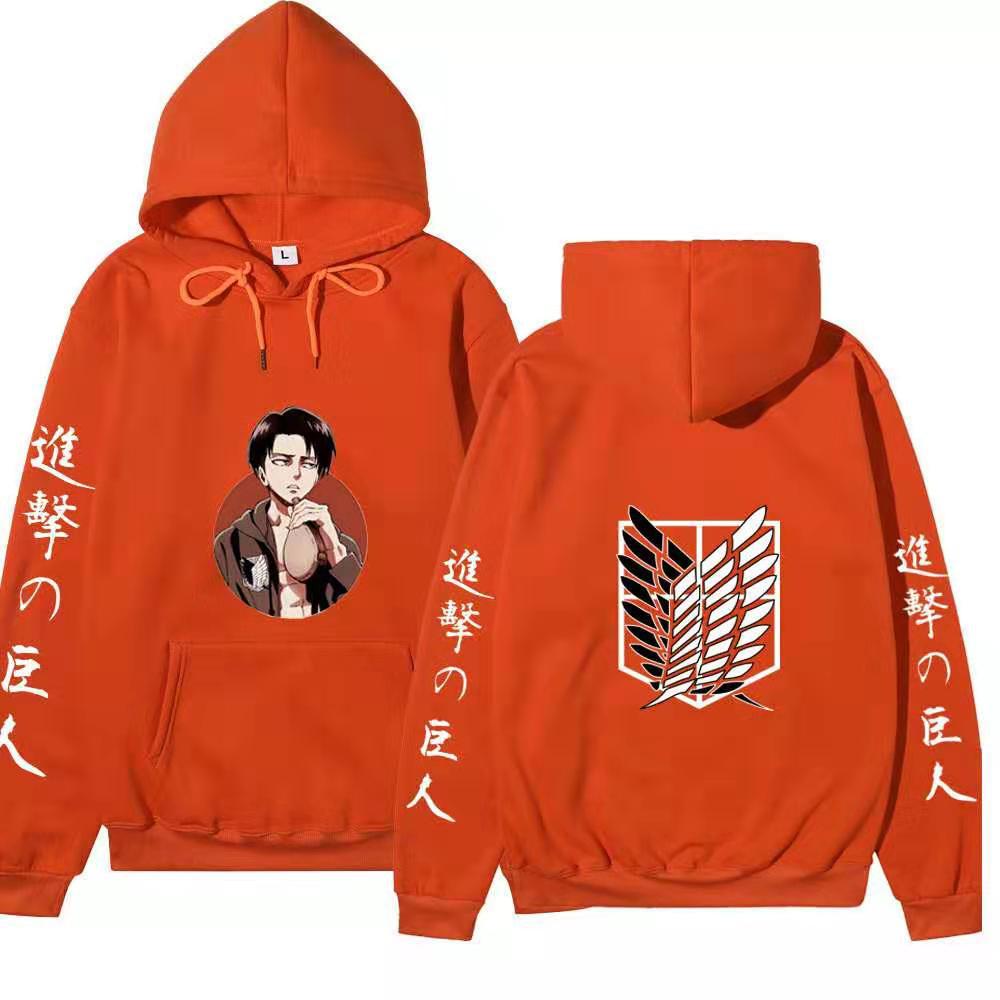 Attack On Titan Levi Ackerman Hoodie Unisex Fleece Sweatshirt, Front Character Print, Back Wings Logo, Japanese Sleeve Text, Autumn Winter Pullover