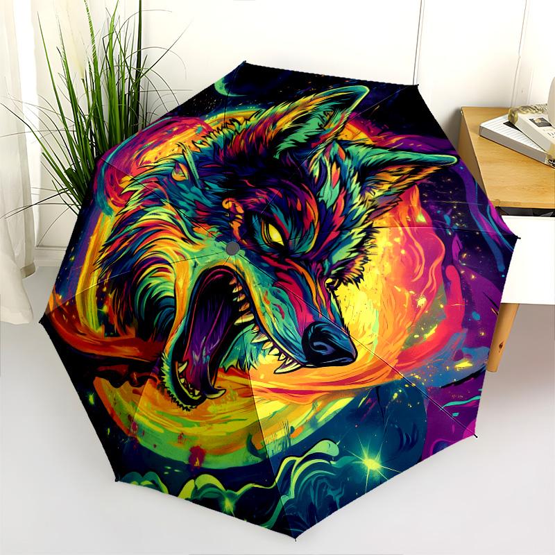 Roaring Wolf  Pattern, Automatic Folding Umbrella, Portable and Foldable Design, 8 Ribs, a Christmas or Birthday Gift.