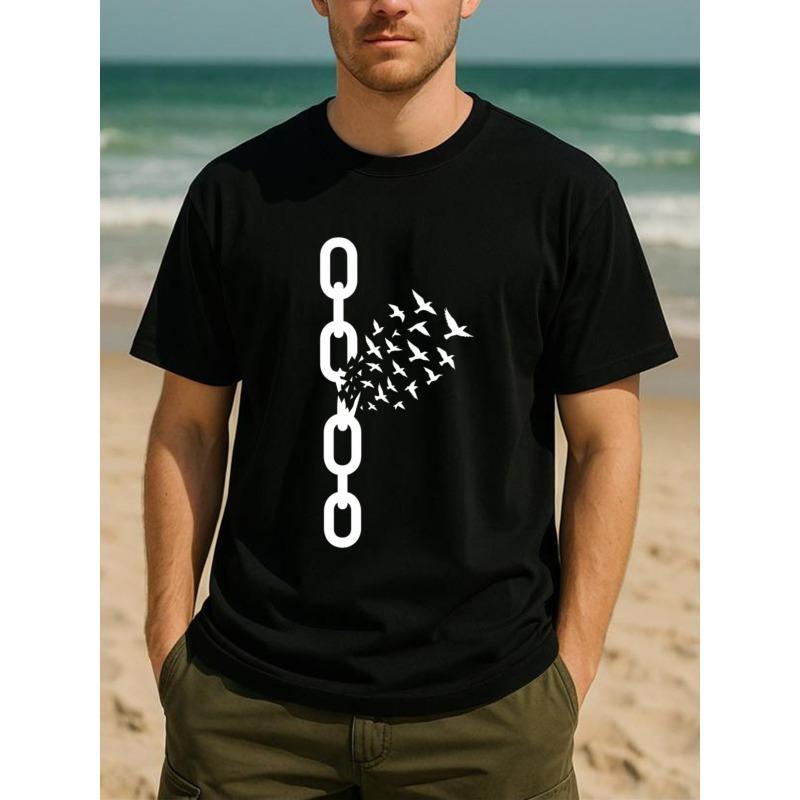 Chain Bird Men's Printed Short-sleeved T-shirt, Men's High-quality Pure Cotton T-shirt, Medium Elasticity, Suitable for Sports and Fitness