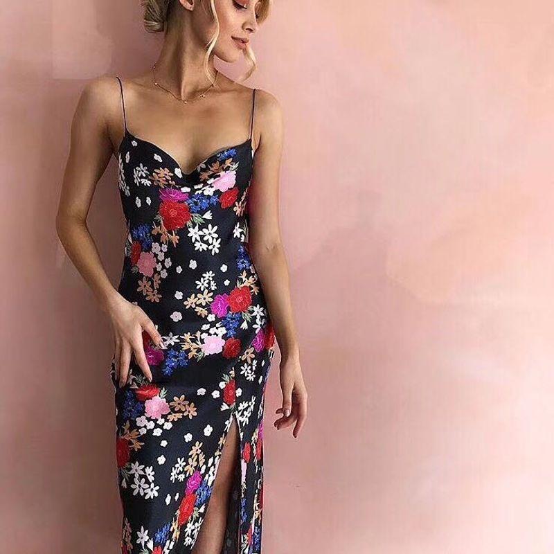

Floral Long Suspender Skirt 2025 New Arrival Bohemia Wind Open Back V Neck Print Slit Sexy Long Dress Sling Split Asymmetric Print Dress S