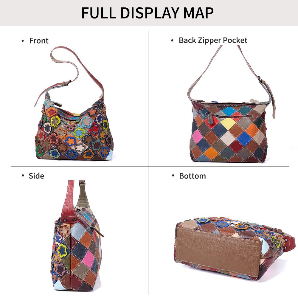 Women'S Bag Leather Shoulder Bag Handmade Flower Color Matching Diamond Women'S Casual Personalized Cowhide Bag