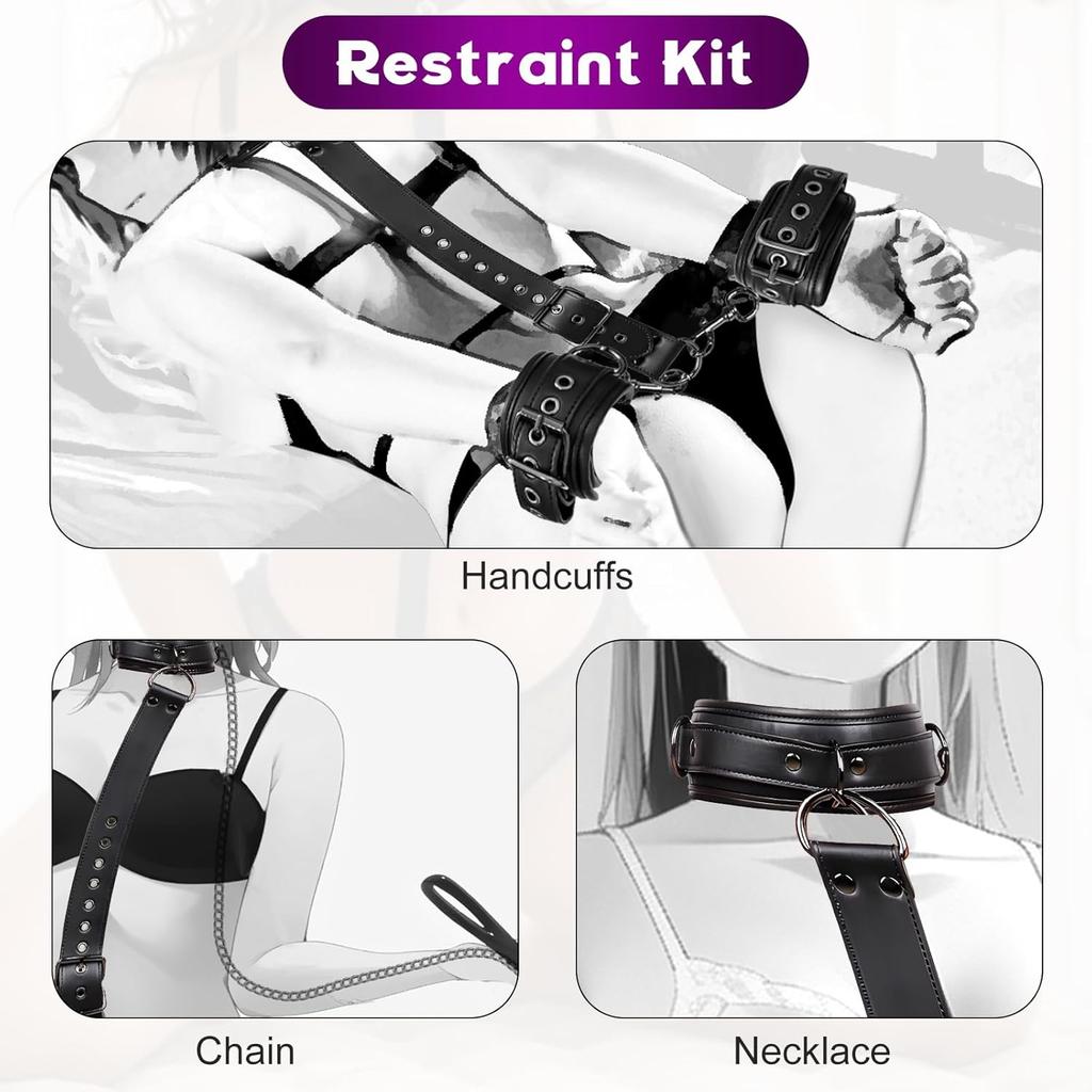 BDSM Bondage Restraints Set Couples Sex Toy Neck Wrist Restraints Kit with Traction Chain Back Handcuffs Collar Adjustable Bondage Gear Accessories