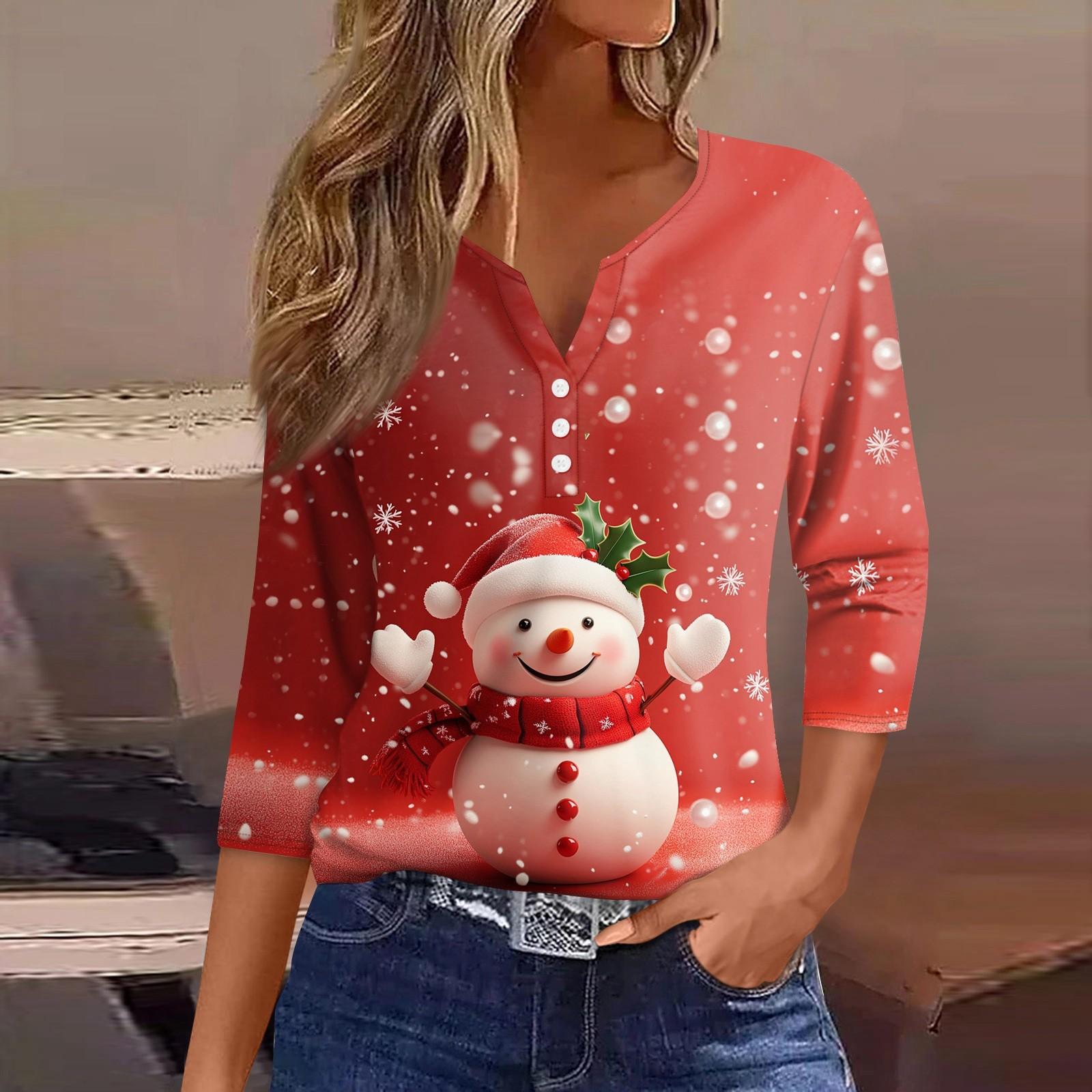 

Женская футболка с рождественским принтом, на пуговицах, рукав 3/4, повседневная мода на выходные, базовый топ с V-образным вырезом XL