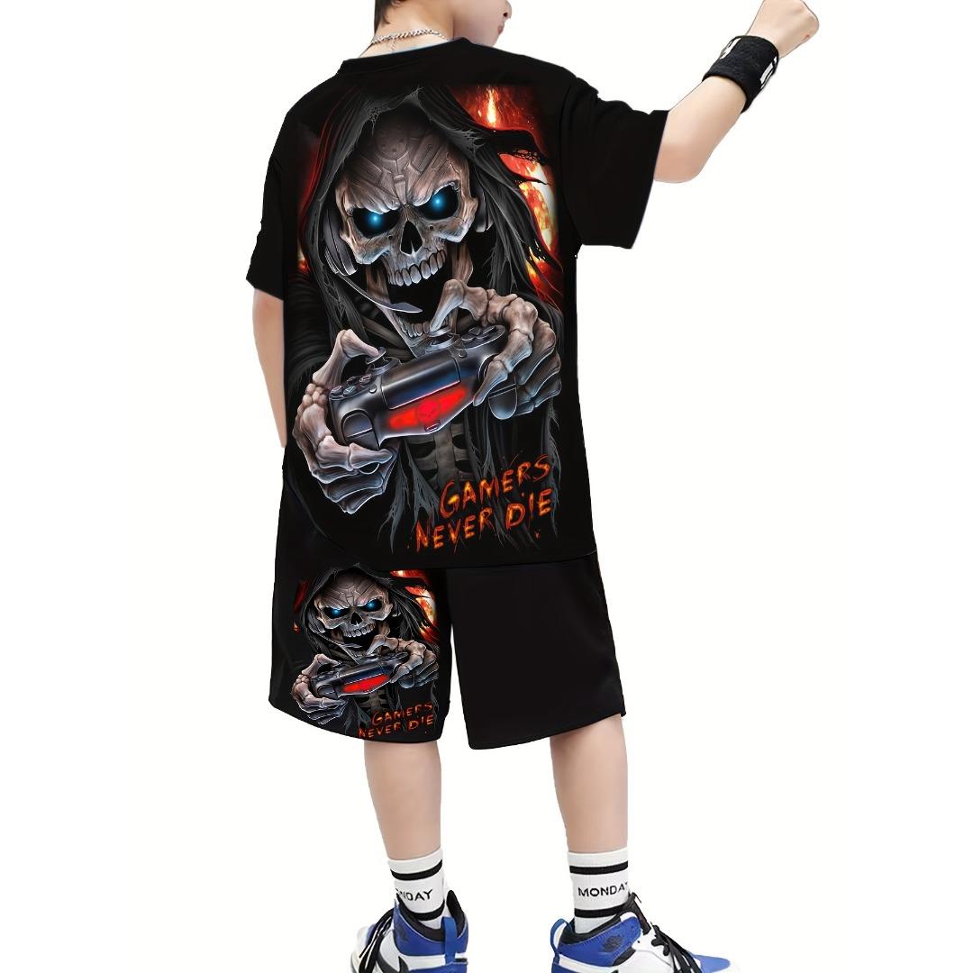 

Лето 2025 года, новый повседневный комплект из футболки и шорт Comfort Boys с принтом ужасов и черепа на 3D-принте XXXL