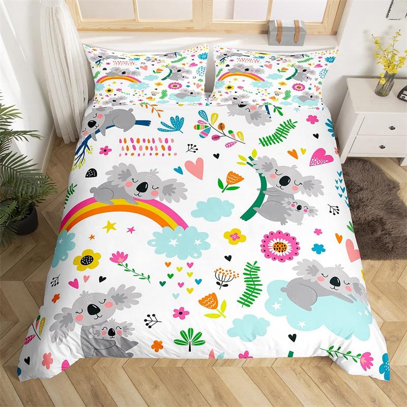 Kids Cute Koala Duvet Cover Microfiber Girls Cartoon Animal Bedding Set Twin King Australia Wild Animals Floral Comforter Cover