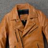Natural Oil Waxed Cow Leather Jacket For Men Biker Clothes Yellow Soft Genuine Cowhide Coat Autumn
