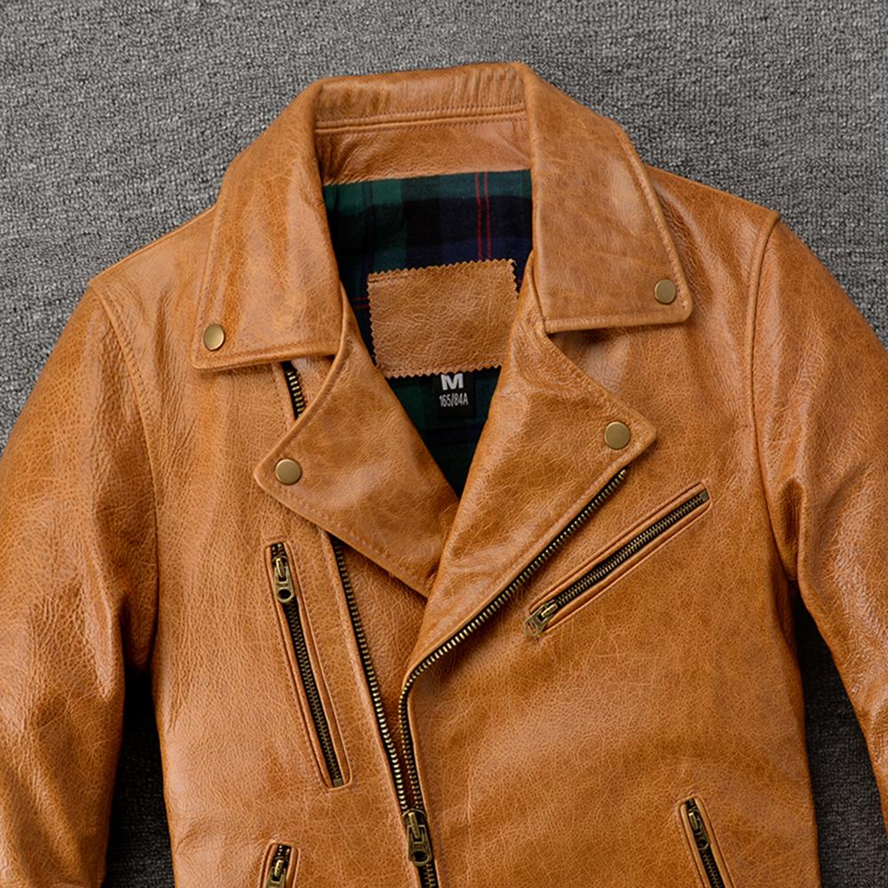 Natural Oil Waxed Cow Leather Jacket For Men Biker Clothes Yellow Soft Genuine Cowhide Coat Autumn