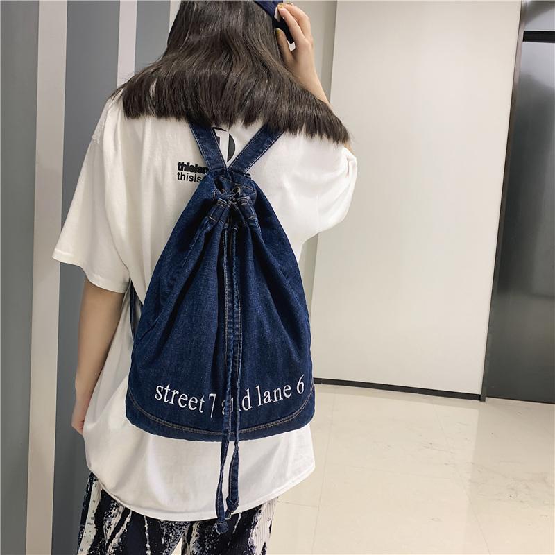 Denim Drawstring Backpack Women's Backpack Letter Embroidery Student Schoolbag