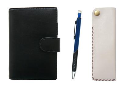 Mini cuaderno de sistema Eco B7 de piel de vaca y estuche horizontal con broche para bolígrafo Lápiz mecánico color metal (blanco) (azul) LS002B-NK01W-SI2067SP-L