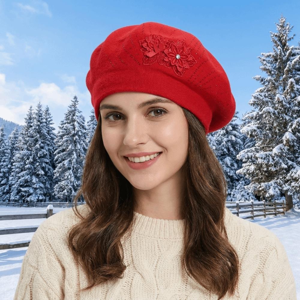 Solid Color Flower Wool Beret Knitted Beret Hat Sweet French Style Painter Cap  Autumn Winter