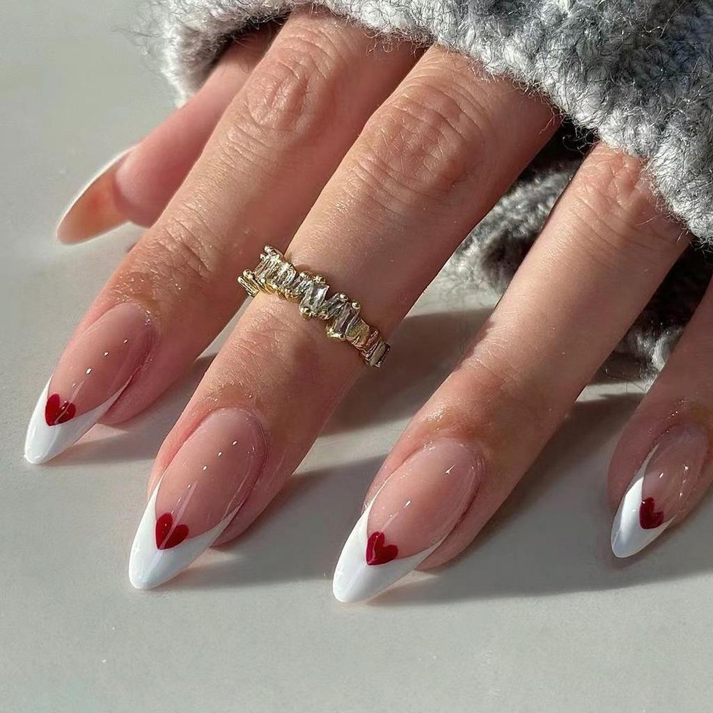 White French Tip False Nails with Red Heart Design