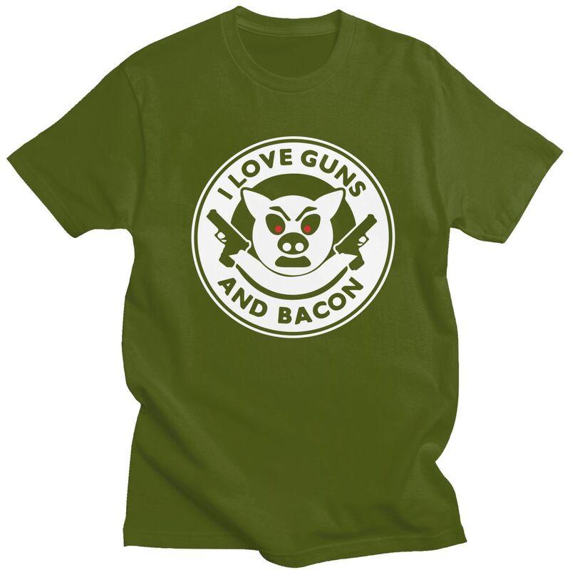 Custom I Love Guns And Bacon Tshirts for Men Short Sleeve Leisure T Shirt Tshirt Pure Cotton Tee Gift