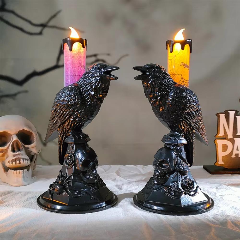 Gothic Raven LED Candles Realistic Table Lamp Black Crow Statue Glowing Candlestick Halloween