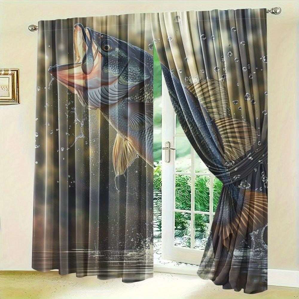 2pcs Classic Bass Fishing Thermal Blackout Curtains - Vibrant Fish Design, Insulated Polyester Drapes for Standard & Large Windo