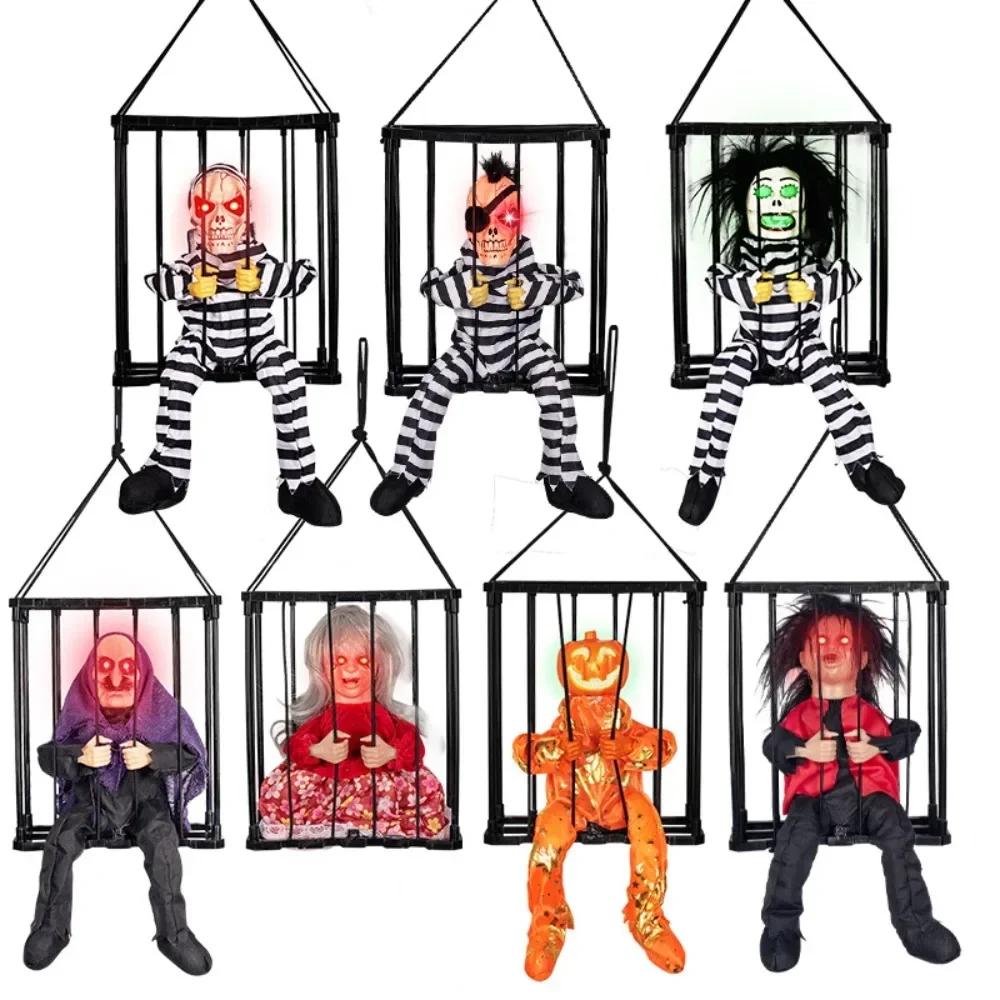 

New Halloween Induction Glow Sound Prisoner Skeleton Cage Ghost Decoration Bar Haunted House Secret Room Scary Props