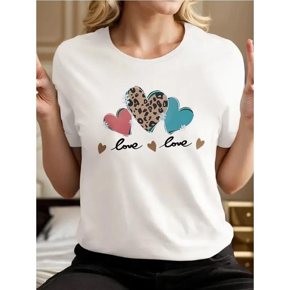 Damen Y2K Liebe Muster T-Shirt Rundhals Kurzarm Top Leopardenmuster und Polka Dot Design Vier Jahreszeiten Tägliches Lässiges Hemd