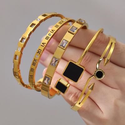 18K Gold Plated Stainless Steel & Zirconia Bracelet Set with Acrylic Buckle - Personalized Simple Jewelry