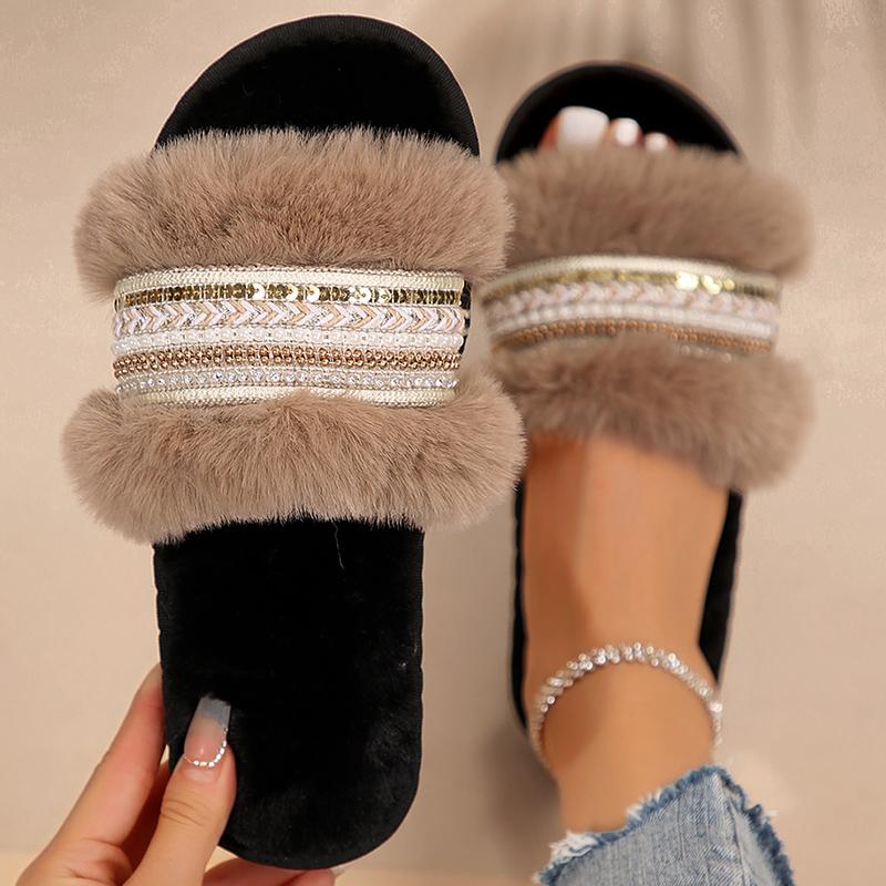 Bling Weave Pattern Fur Slippers Women 2025 Mix Color Faux Fur Plush Slides Woman Slip On House Flats Cotton Slippers Mujer