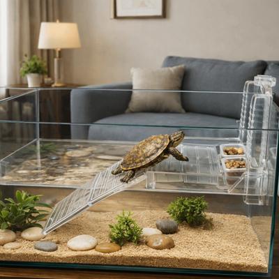 Transparent Reptile Basking Platform Hanging Climbing Ladder Floating Island with Feeding Bowl Detachable Fish Tank Ornaments