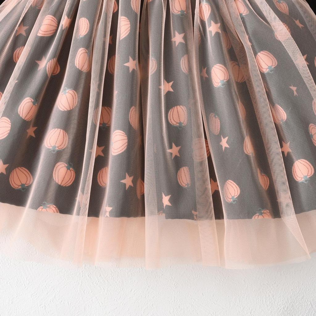 New Halloween Appliqué Mesh Dress with Pumpkin Print & Short Sleeves