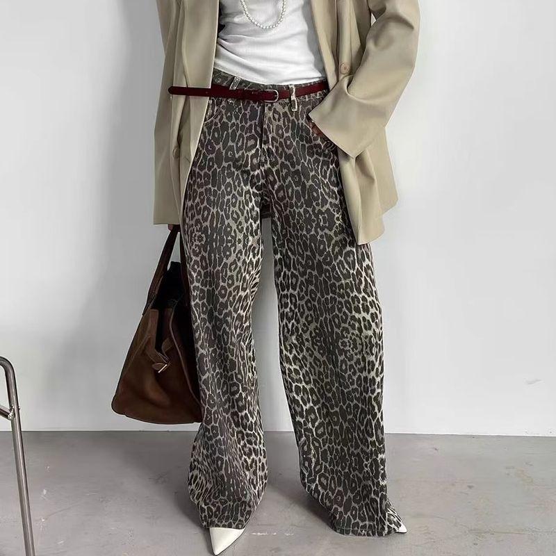 

Брюки широкие в западном стиле, свободные, повседневные, с принтом леопарда, для швабры, с широкими штанинами, Брюки широкие с принтом леопарда Leopard print pants M