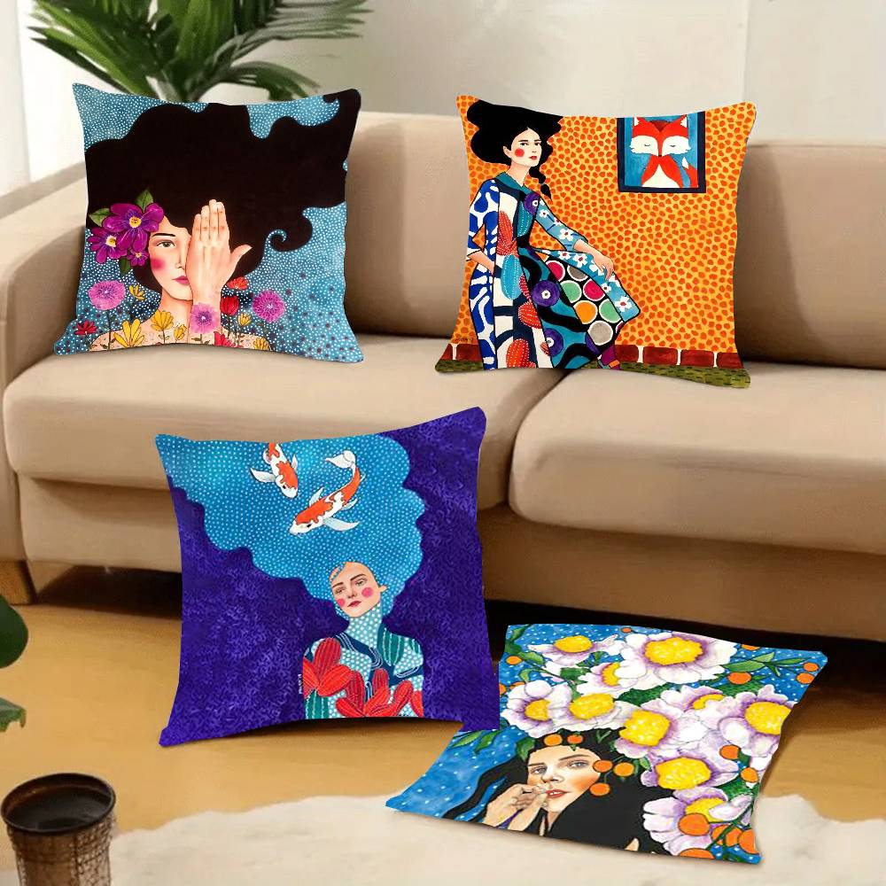 Vintage Abstract Girl Hair Flower Pillow Case Home Decor Throw For Sofa Bed Car Room Decor Gift Idea