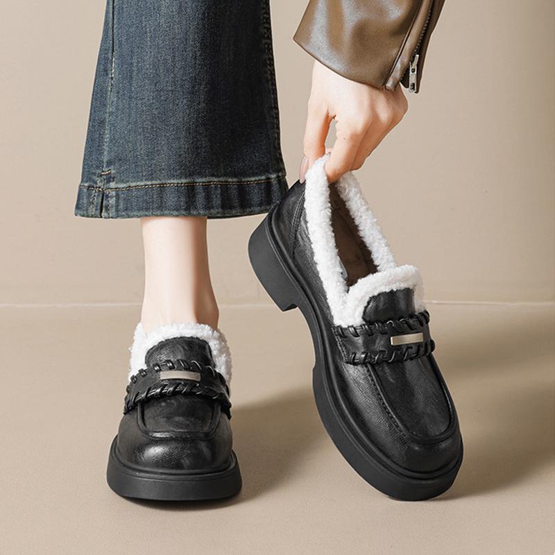 Soft Black Winter Fur Shoes Women Loafers Warm Plush Non-slip Fashion Brand Ladies Shoes Square Heels 4cm Plus Size 42