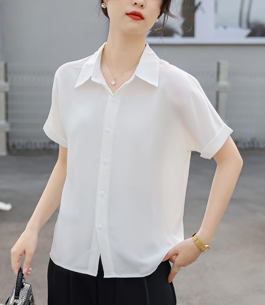 Cămașă Bluză Mânecă Scurtă Vară Cămașă cu Guler Șifon Alb Birou Casual Topuri Opac Birou Afaceri Navetă Zilnic Foarte Respirabil [Xiaoyu]