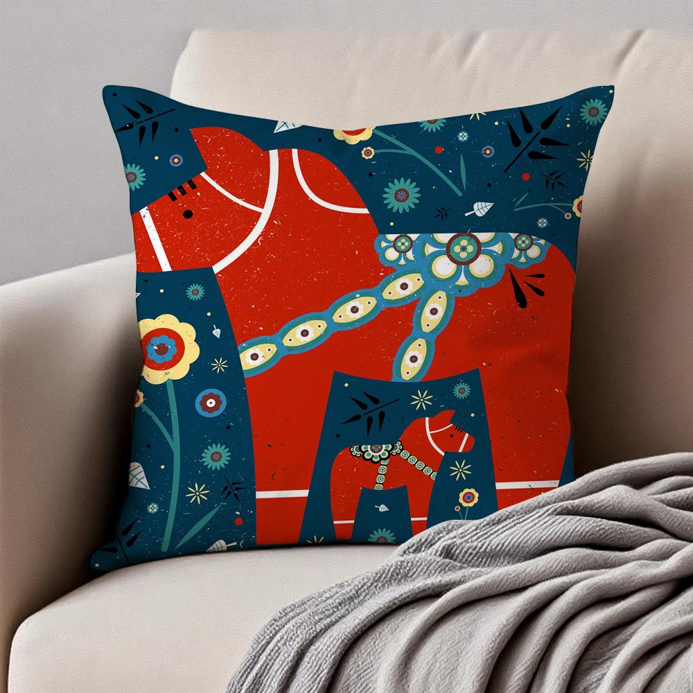 Cute Print Art DDala Horse Cushion Cover Pillowcase Antidustmite Invisible Zipper Short Plush Sofa Cushion