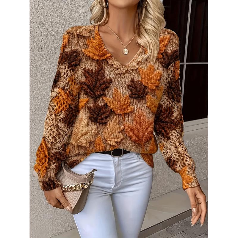 Bohemian Floral V-neck Sweater - Elegant, Long Sleeve Pullover Top