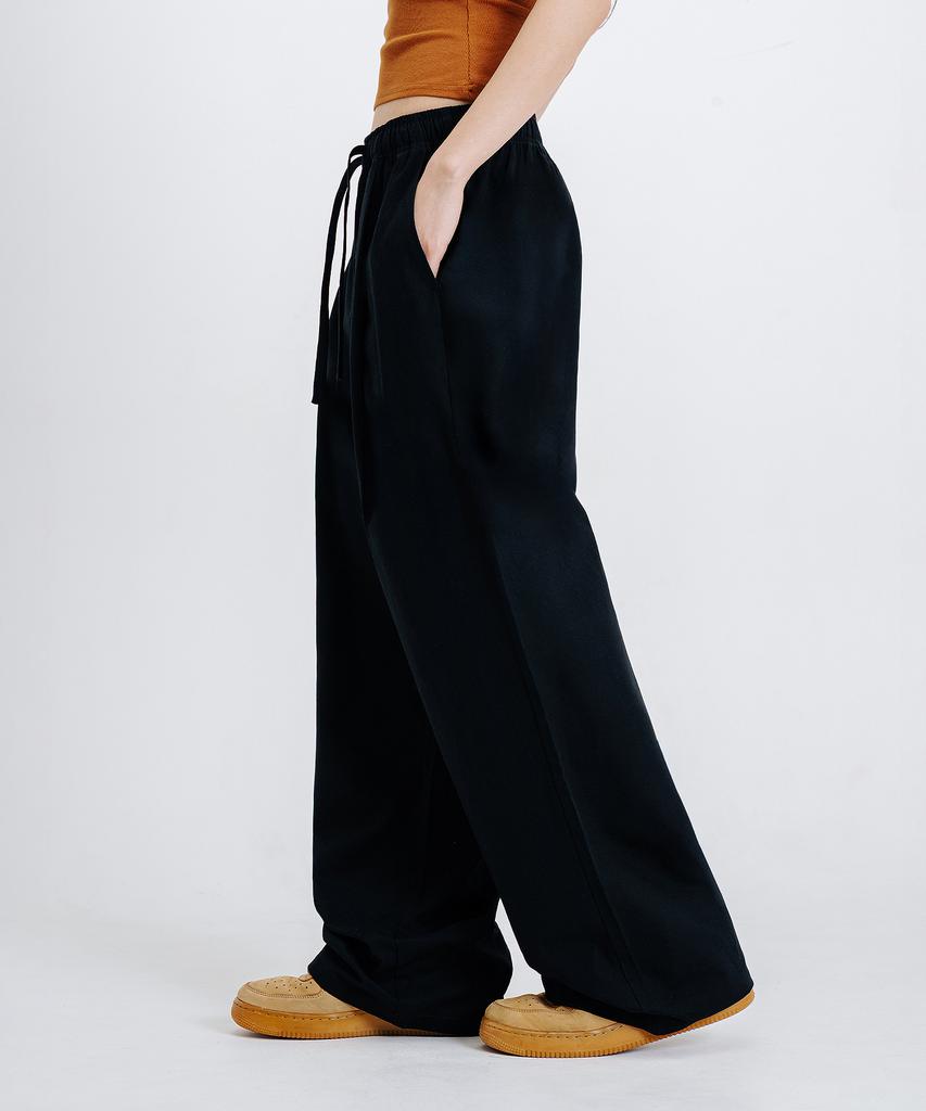 LEMAIN SECOND Linen-Like Elastic Waist Wide Pants [Black]