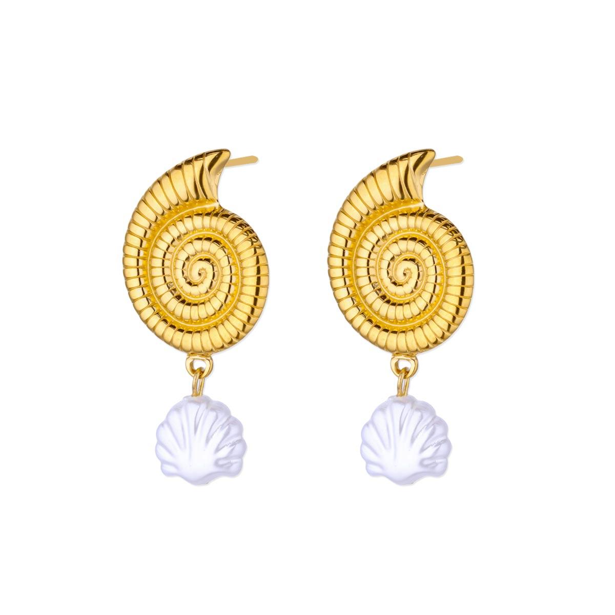 Серьги-пусеты с подвеской из спиралевидного текстурированного жемчуга конк для женщин, золотистого цвета, из нержавеющей стали, серьги с жемчугом в виде морской звезды, пляжные украшения для отпуска