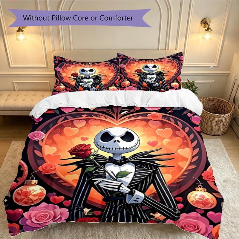 Halloween Jack Sally Skull Duvet Cover Set - Without Core & Quilt, Lightweight Machine Washable, Anime Style Gaming Bed Set