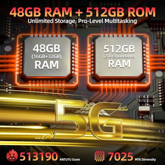 Telephone Portable Incassable 5G OUKITEL WP62 Android 15 48Go +512Go Smartphone Incassable 11000mAh 6.6" 108MP Dual SIM/NFC Noir