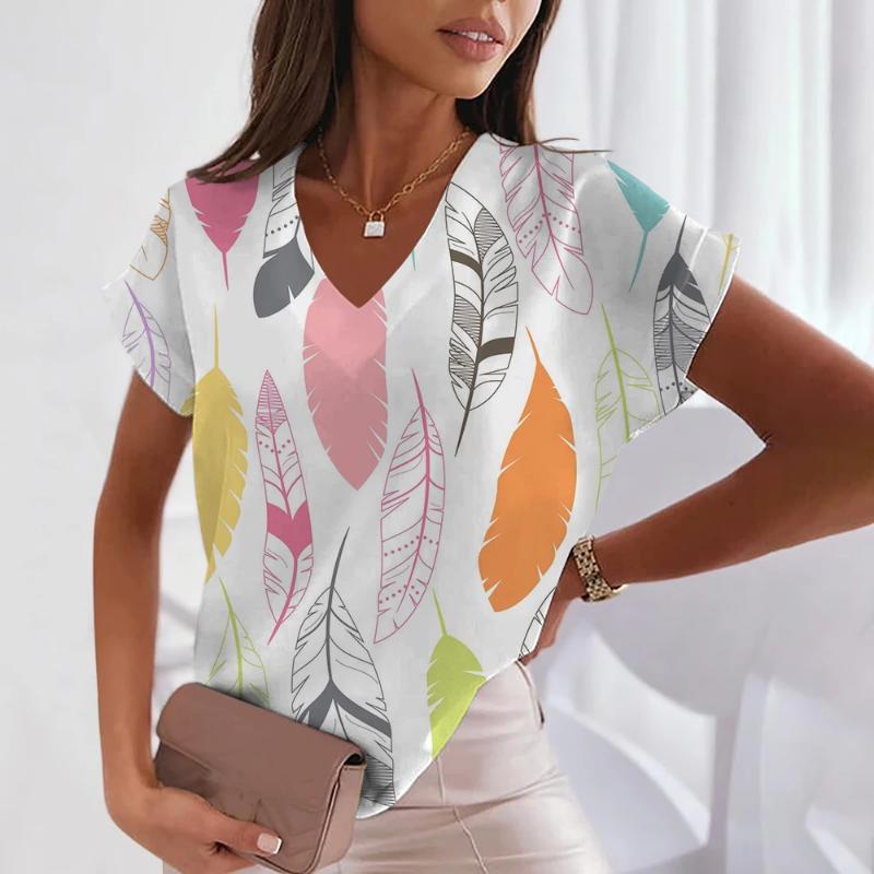 Summer Short Sleeve T-Shirt Feather Pattern 3D Women's Tops V Neck Women's Plus Size Women's Fashion Y2k Street Trend Clothing