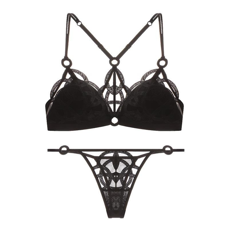 French Sexy Backless Lingerie Lace Ultra Thin Bra Set for Women Summer Triangle Soft Cup Mesh Breathable Brassiere and Thong Set