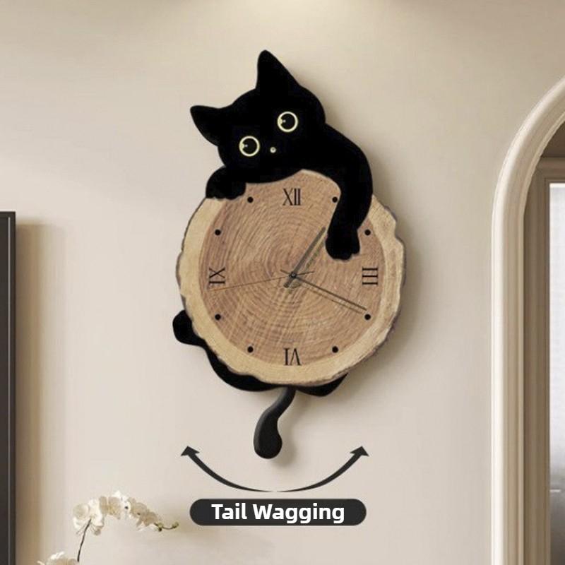 Cartoon Cat Wall Clock Creative Cat Tail Swing Wall Clock Quartz Mute Wall Clock Home Decoration Living Room Bedroom Decoration