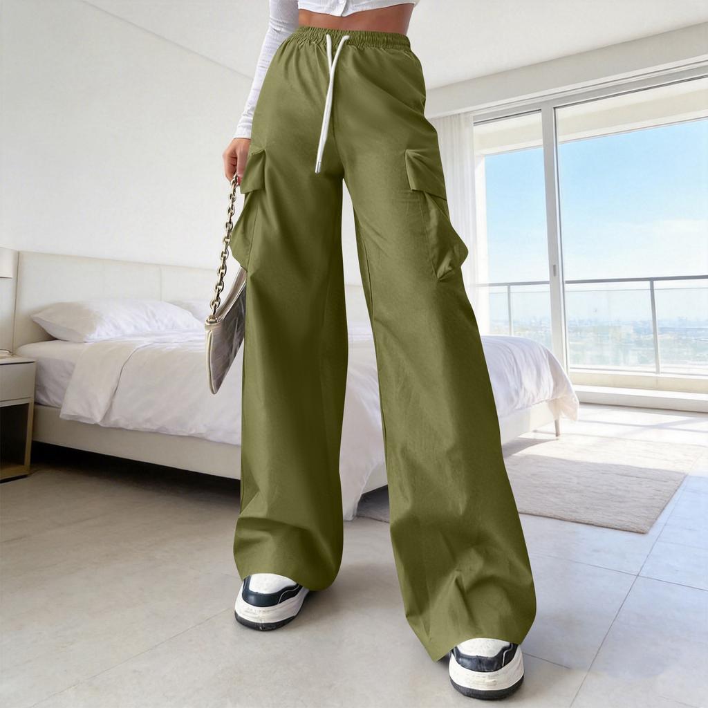 Women's Casual And Stylish Wide-leg Double-pocket Drawstring Cargo Pants