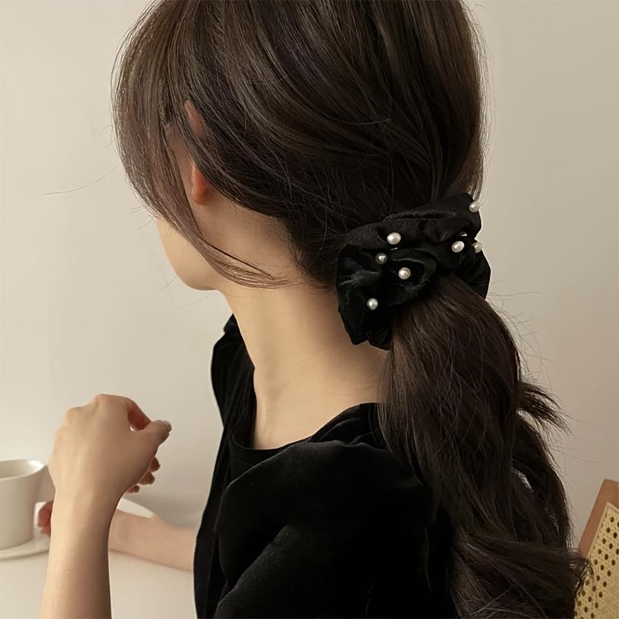 2pcs Black Velvet Hair Rings with Imitation Pearls | Vintage Style, Solid Color, Perfect for Autumn and Winter