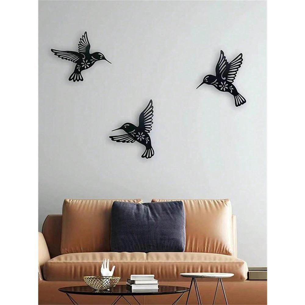 3 Black Metal Hummingbird Wall Decor Set 25cm Cutout Garden Art Indoor Outdoor Hanging Ornaments for Living Room Bedroom Office