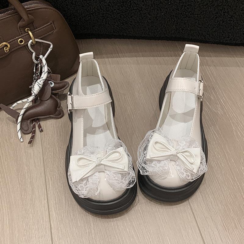 White Bow with Skirt Platform Small Leather Shoes Women's 2025 New Summer Thick Heel French Mary Jane Shoes