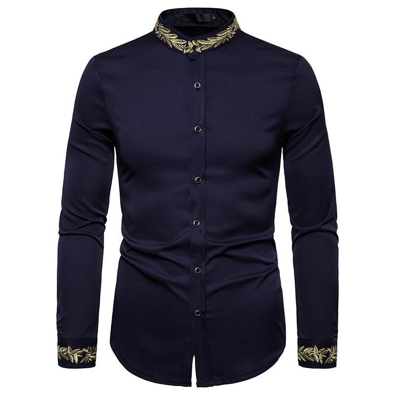 Camisa Casual de Manga Larga con Cuello Alto Bordado de Moda para Hombre Talla Europea